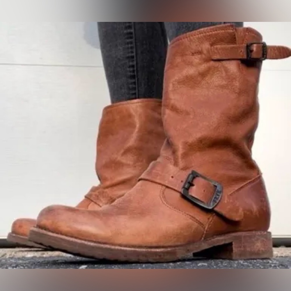 Frye Brown Leather Engineer Boots with Buckle